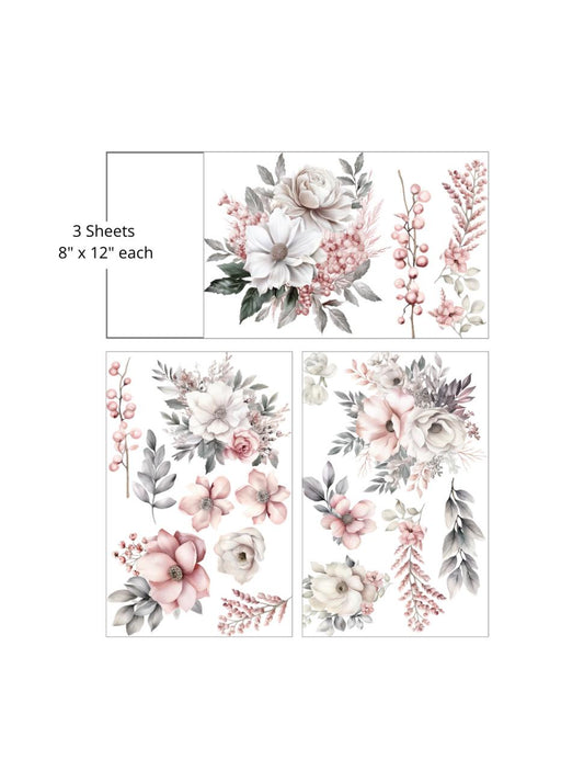 This image shows three sheets, each 8" x 12", featuring various floral designs. The flowers are in soft pastel shades of white, pink, and grey, with each sheet displaying different arrangements of blooms, leaves, and berries.