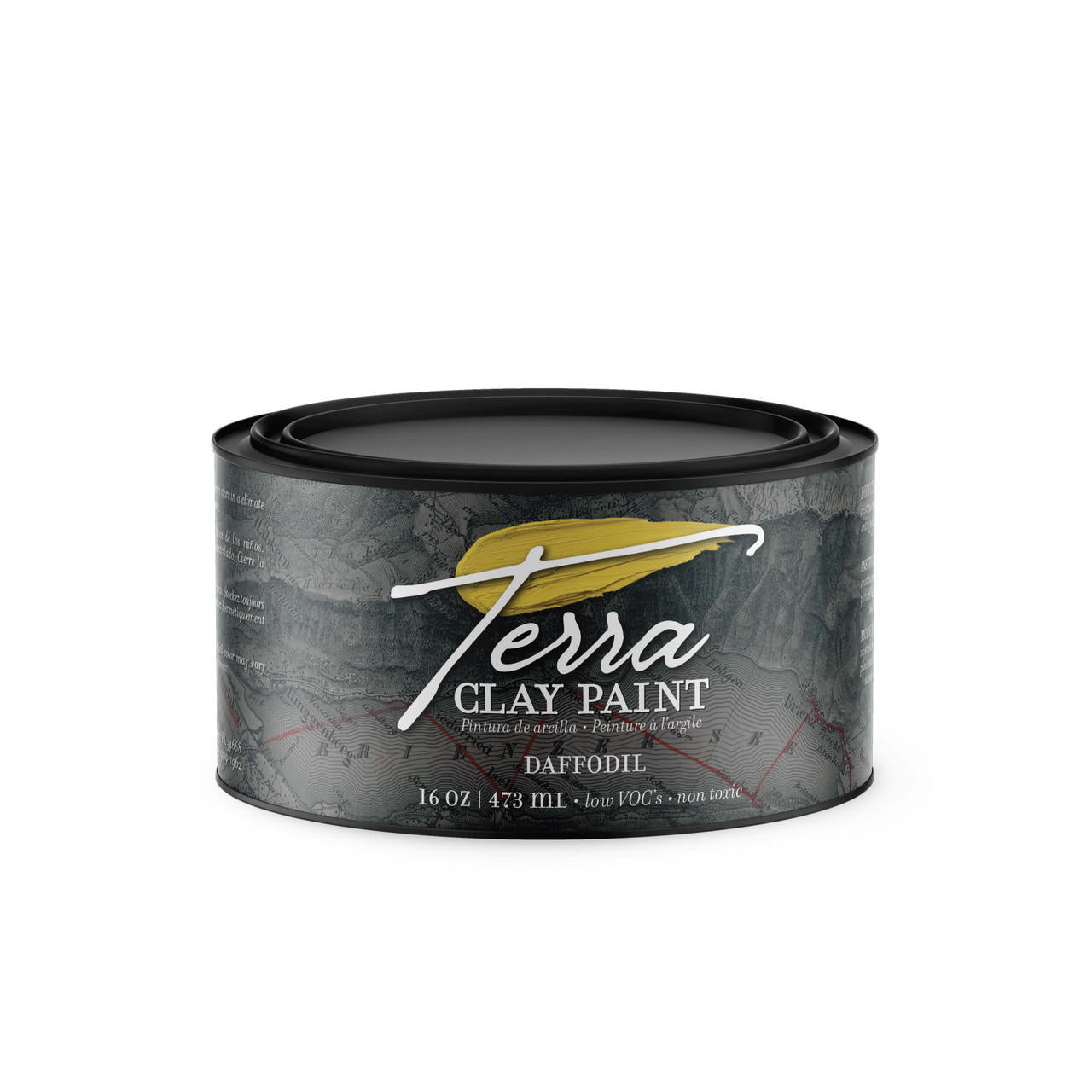 Daffodil Terra Clay Paint provides endless possibilities for your imagination and can be used on wood, canvas, tile, fabric and more! A product image of the front of the daffodil paint can displaying the front label on a transparent background.