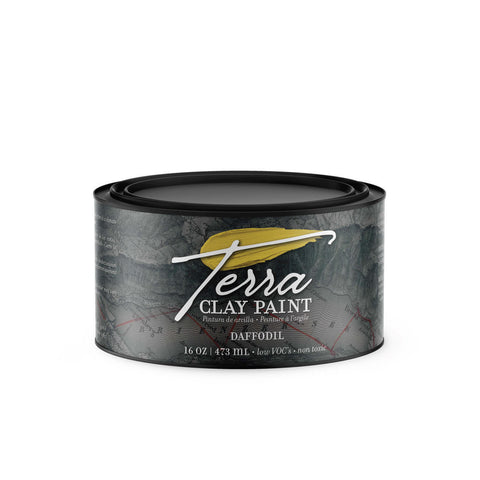 Daffodil Terra Clay Paint provides endless possibilities for your imagination and can be used on wood, canvas, tile, fabric and more! A product image of the front of the daffodil paint can displaying the front label on a transparent background.