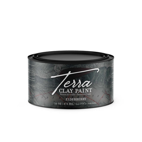 Elderberry Terra Clay Paint provides endless possibilities for your imagination and can be used on wood, canvas, tile, fabric and more! Can of Elderberry Terra Clay Paint on white background.