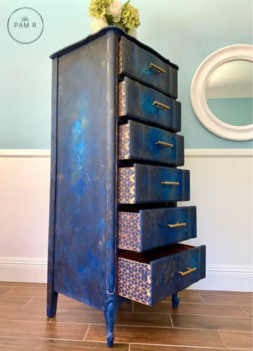 Galaxy Terra Clay Paint provides endless possibilities for your imagination and can be used on wood, canvas, tile, fabric and more! A tall dresser painted with Galaxy Terra Clay paint and blended with other blue clay paints. Peek-a-Boo drawers made with Trippy Blocks Stencil. Straight from the earth, and heavily pigmented Terra Clay paint is your perfect choice. Most colors are one coat coverage but don’t stop there, the skies the beginning with Terra Clay Artisan paint.