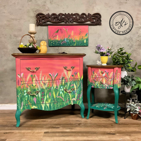 Marigold Terra Clay Paint provides endless possibilities for your imagination and can be used on wood, canvas, tile, fabric and more! Dresser, end table and wall picture painted on flowers and grass with Terra Clay Paint. Staged with tons of potted plants and a yellow owl statue.