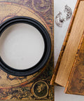 Moon Beam Terra Clay Paint provides endless possibilities for your imagination and can be used on wood, canvas, tile, fabric and more! Top view of open cream white paint staged with an old book, old map of the Earth, and a moon charm.