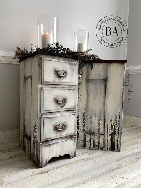 Moon Beam Terra Clay Paint provides endless possibilities for your imagination and can be used on wood, canvas, tile, fabric and more! End tables distressed and Painted cream with terra Paint and trees painted on the side. Staged with wreath and candles.