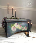 Onyx Terra Clay Paint provides endless possibilities for your imagination and can be used on wood, canvas, tile, fabric and more! Black Clay painted blanket box with pink hand painted roses. Staged with roses and black candle sticks.