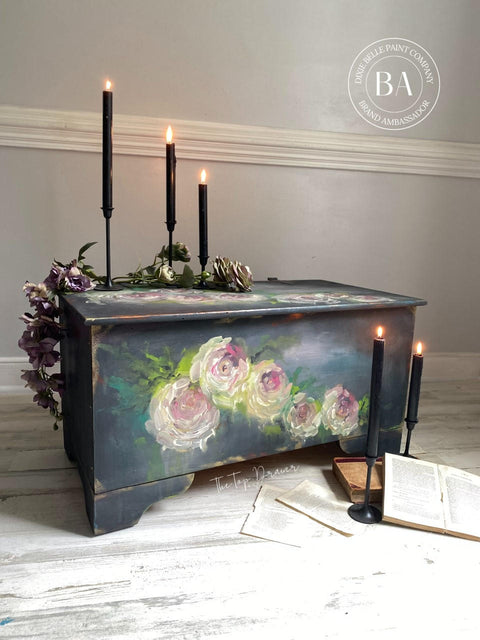 Onyx Terra Clay Paint provides endless possibilities for your imagination and can be used on wood, canvas, tile, fabric and more! Black Clay painted blanket box with pink hand painted roses. Staged with roses and black candle sticks.