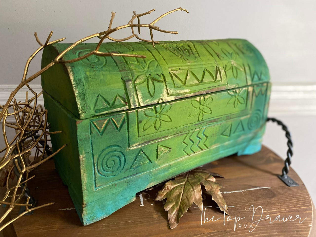 Pistachio Terra Clay Paint provides endless possibilities for your imagination and can be used on wood, canvas, tile, fabric and more! Small wood trinket box painted in different shades of green clay paint with geometric and flowers carved in it.