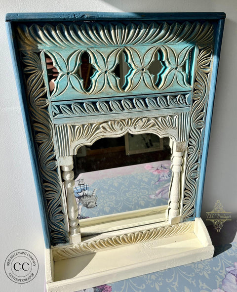 Prairie Dawn Terra Clay Paint provides endless possibilities for your imagination and can be used on wood, canvas, tile, fabric and more! Blue and cream Ombre Clay painted  mirrored wall hanging with storage box and allice rub on transfer.