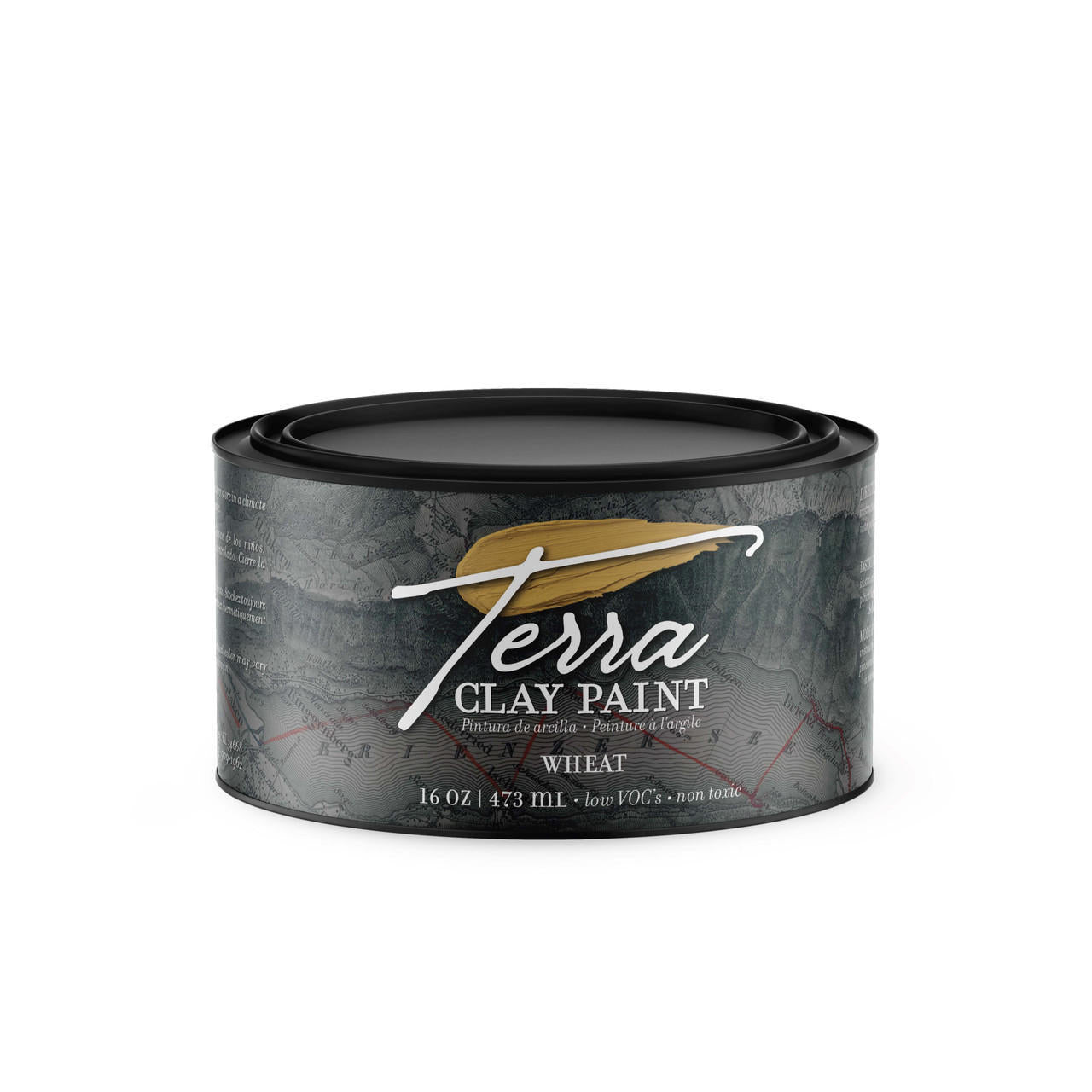 Wheat Terra Clay Paint provides endless possibilities for your imagination and can be used on wood, canvas, tile, fabric and more!  A sealed container of Wheat Terra Clay Paint with a white background.