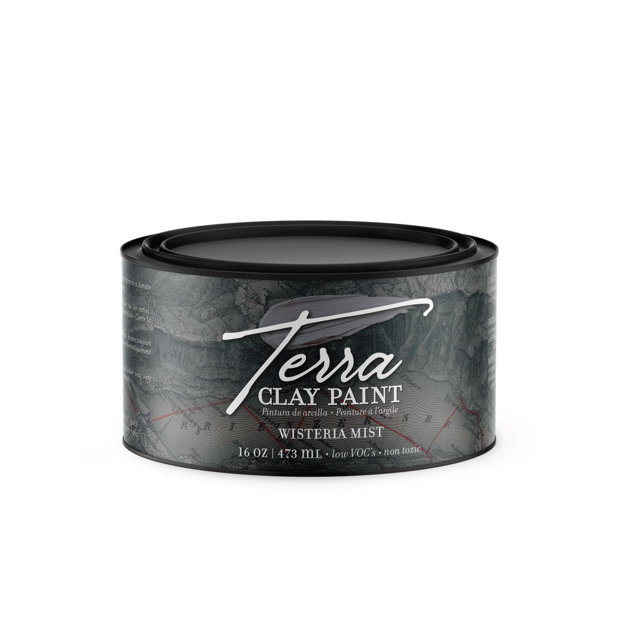Wisteria Mist Terra Clay Paint provides endless possibilities for your imagination and can be used on wood, canvas, tile, fabric and more!  A sealed container of Wisteria Mist Terra Clay Paint with a white background.