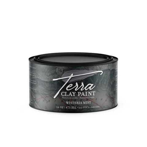 Wisteria Mist Terra Clay Paint provides endless possibilities for your imagination and can be used on wood, canvas, tile, fabric and more!  A sealed container of Wisteria Mist Terra Clay Paint with a white background.