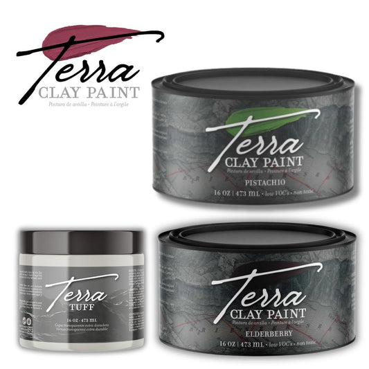 Image of a 16 oz. Pistachio Terra Clay Paint, a 16 oz. Terra Tuff, and a 16 oz. Elderberry Terra Clay Paint. Terra Clay Paint logo in the top left corner.