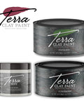 Image of a 16 oz. Pistachio Terra Clay Paint, a 16 oz. Terra Tuff, and a 16 oz. Elderberry Terra Clay Paint. Terra Clay Paint logo in the top left corner.