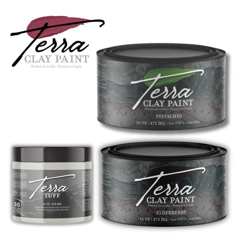 Image of a 16 oz. Pistachio Terra Clay Paint, a 16 oz. Terra Tuff, and a 16 oz. Elderberry Terra Clay Paint. Terra Clay Paint logo in the top left corner.