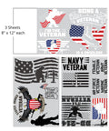 Image of Thank You for Your Service Transfer. A collage of patriotic graphics honoring United States military veterans, featuring symbols such as the American flag, eagles, silhouettes of soldiers, and dog tags, along with text celebrating Army, Navy, Air Force, and Marine veterans. "3 Sheets- 8 in. x 12 in. each"