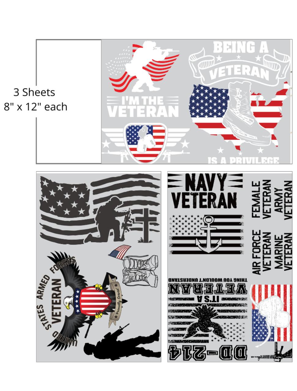 Image of Thank You for Your Service Transfer. A collage of patriotic graphics honoring United States military veterans, featuring symbols such as the American flag, eagles, silhouettes of soldiers, and dog tags, along with text celebrating Army, Navy, Air Force, and Marine veterans. "3 Sheets- 8 in. x 12 in. each"