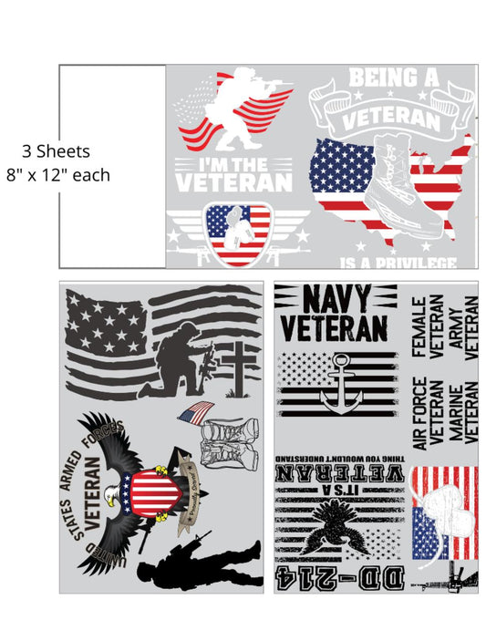 Image of Thank You for Your Service Transfer. A collage of patriotic graphics honoring United States military veterans, featuring symbols such as the American flag, eagles, silhouettes of soldiers, and dog tags, along with text celebrating Army, Navy, Air Force, and Marine veterans. "3 Sheets- 8 in. x 12 in. each"
