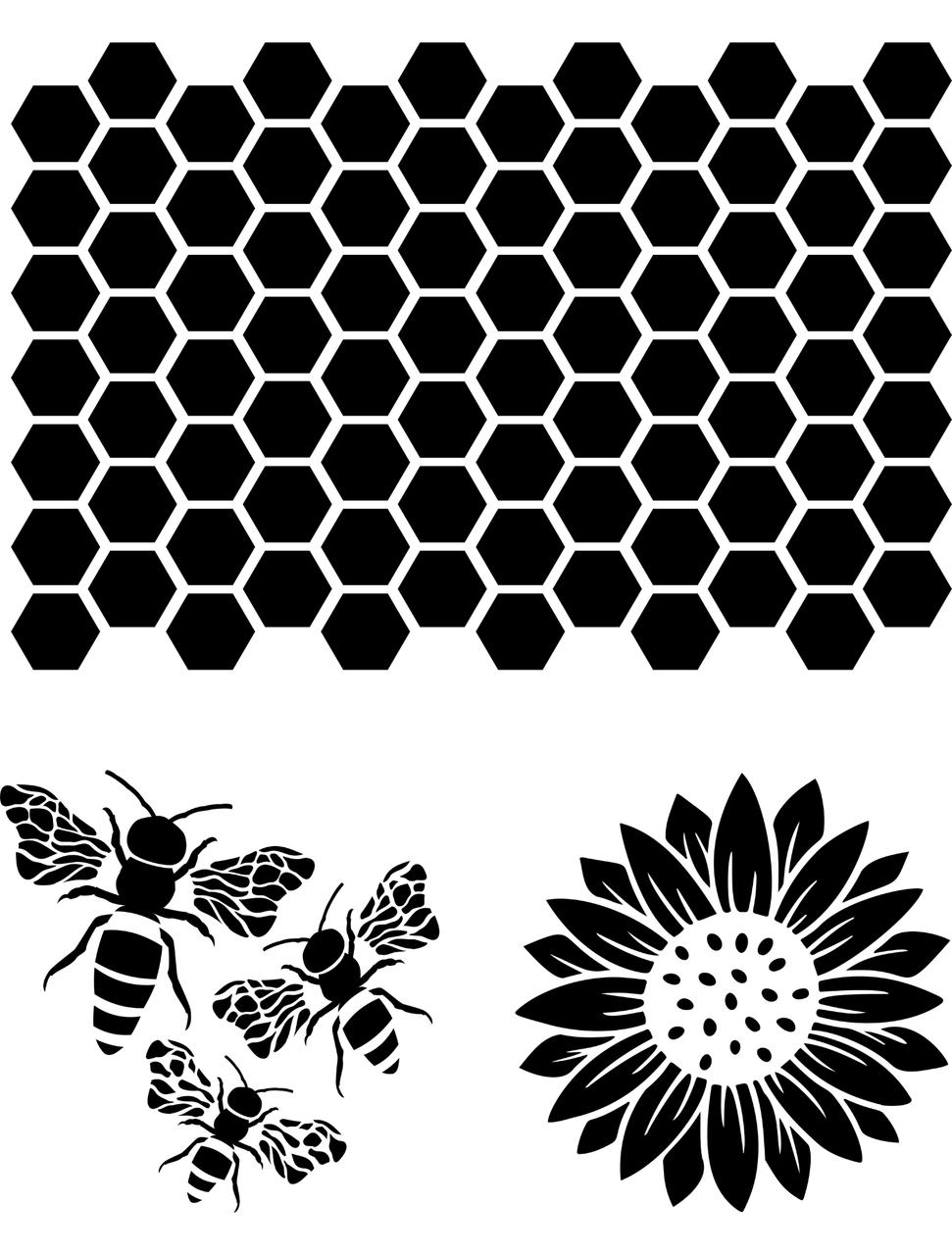 Belles and Whistles The Bee's Knees - Stencil provides an extra decorative touch to any project! A digital image of The Bee's Knees stencil. A large honeycomb pattern, 3 bees of different sizes, and a large sunflower.