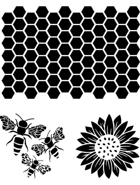 Belles and Whistles The Bee's Knees - Stencil provides an extra decorative touch to any project! A digital image of The Bee's Knees stencil. A large honeycomb pattern, 3 bees of different sizes, and a large sunflower.