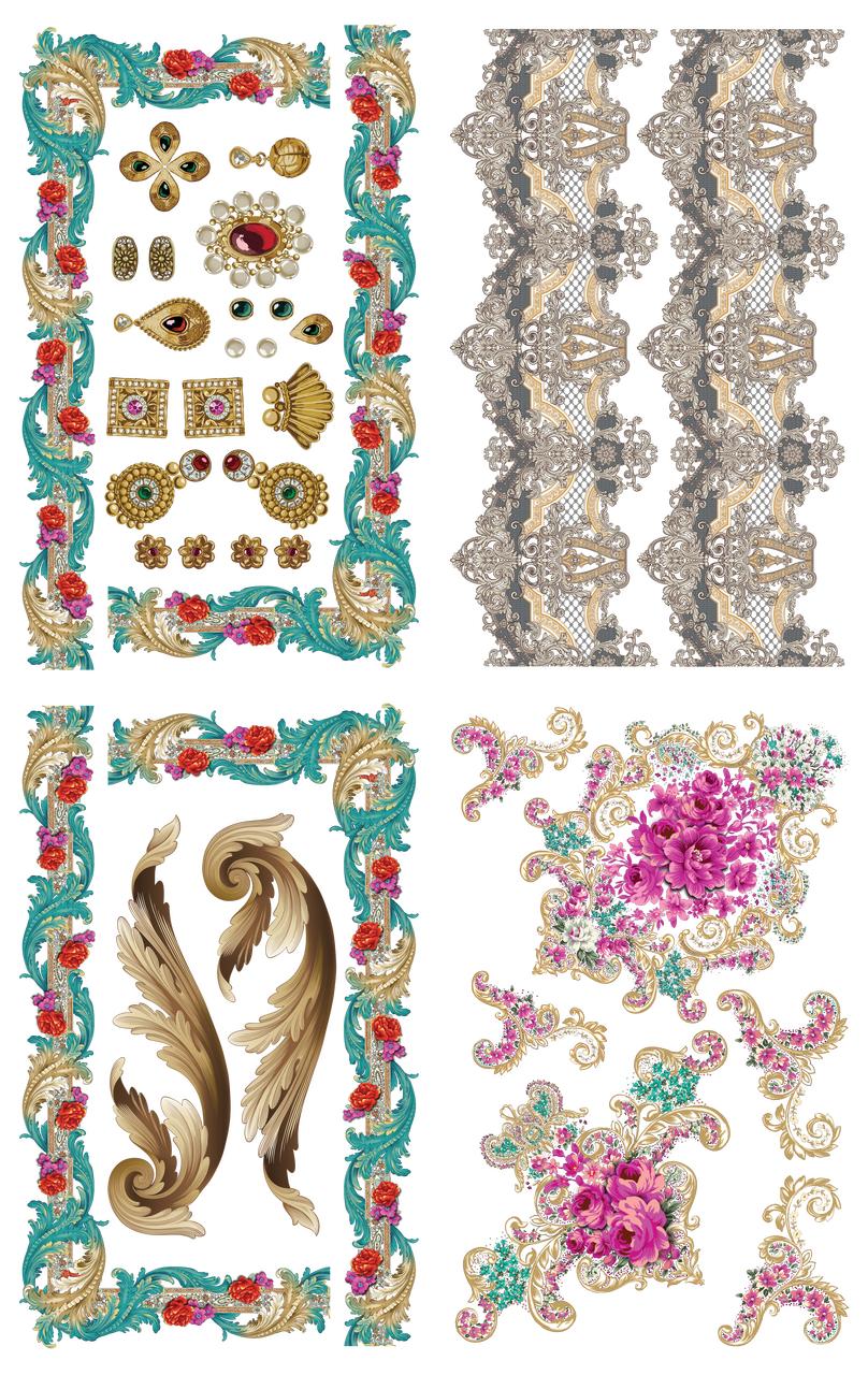 Image of The Gilded Age Transfer. Teal, gold, and pink accents.