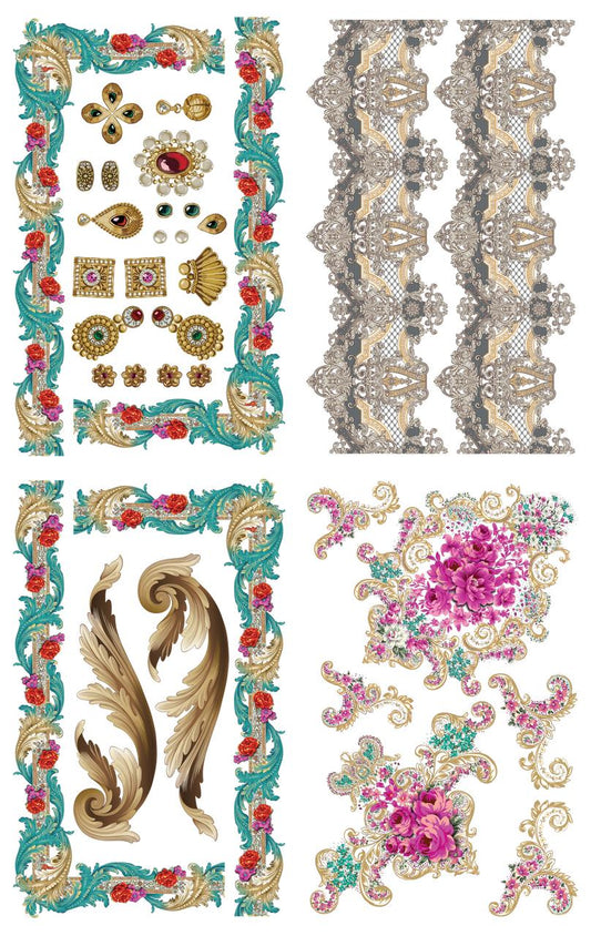 Image of The Gilded Age Transfer. Teal, gold, and pink accents.