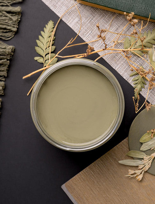 A jar filled with olive-green paint is surrounded by dried foliage and a textured fringed cloth on a dark surface. Nearby, there is a book with a green cover, adding a rustic and natural feel to the scene.