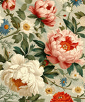 A vintage-style floral pattern featuring large pink and white peonies, small daisies, and blue asters on a light background. Lush green leaves intertwine among the flowers, creating a seamless design.