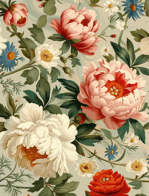 A vintage-style floral pattern featuring large pink and white peonies, small daisies, and blue asters on a light background. Lush green leaves intertwine among the flowers, creating a seamless design.