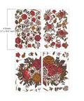 Illustration of various roses and flowers in red, pink, and white hues with detailed line art on a white background, featuring leaves and smaller blooms interspersed throughout. "4 Sheets- 12 in. x 18.6 in. each"