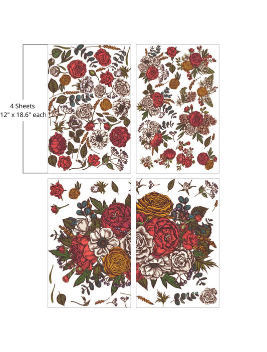 Illustration of various roses and flowers in red, pink, and white hues with detailed line art on a white background, featuring leaves and smaller blooms interspersed throughout. "4 Sheets- 12 in. x 18.6 in. each"