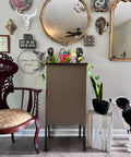A vintage-inspired room with a brown cabinet topped with two busts, a red tin, and plants. Ornate mirrors and framed art hang on the wall. A classic chair sits left, a crate with a plant right, and a black and white dog sniffs nearby.