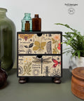 A small chest of drawers with botanical and insect illustrations, including butterflies, bees, and plants. It sits on a table surrounded by glass bottles, a green vase, a potted fern, and a wooden object.