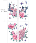 Image of Versailles Garden Transfer. Has Dancing Cranes, Pink Peonies with Green leaves around the flower, and Butterflies. "4 Sheets - 6 in. x 12 in. each"