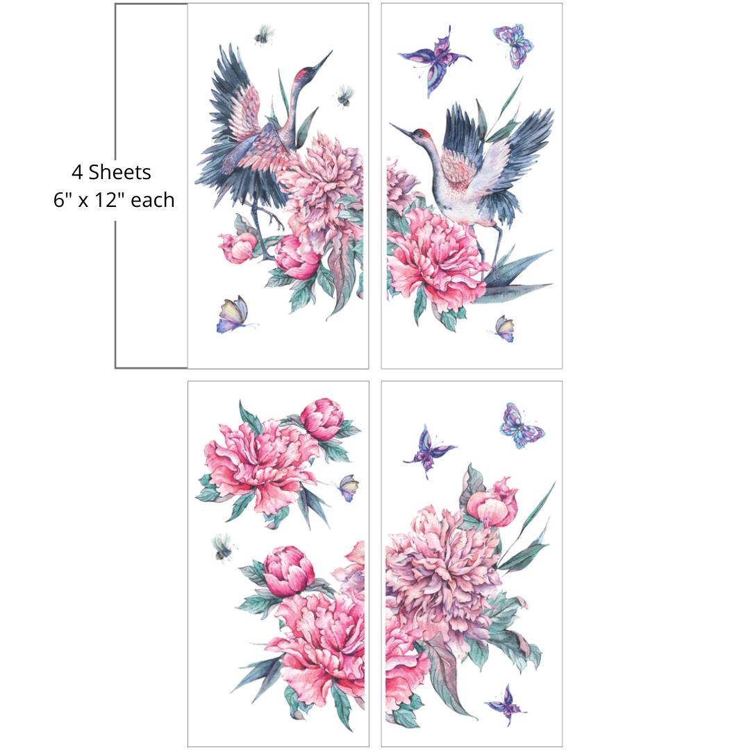 Image of Versailles Garden Transfer. Has Dancing Cranes, Pink Peonies with Green leaves around the flower, and Butterflies. "4 Sheets - 6 in. x 12 in. each"