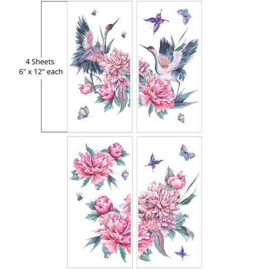 Image of Versailles Garden Transfer. Has Dancing Cranes, Pink Peonies with Green leaves around the flower, and Butterflies. "4 Sheets - 6 in. x 12 in. each"