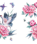 Image of Versailles Garden Transfer. Has Dancing Cranes, Pink Peonies with Green leaves around the flower, and Butterflies.