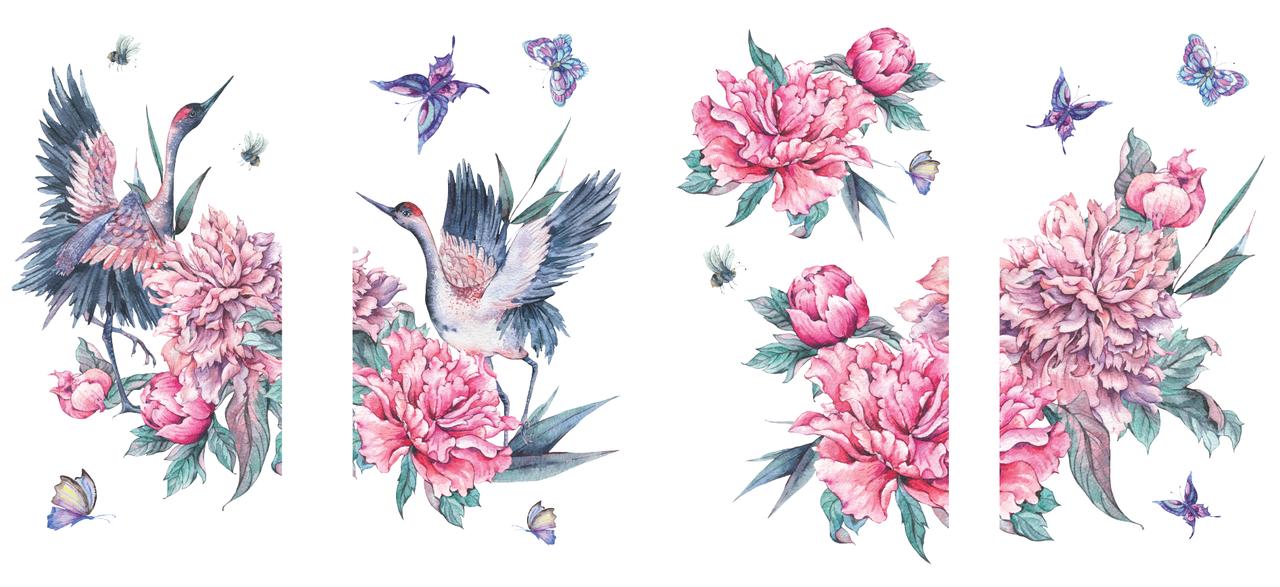Image of Versailles Garden Transfer. Has Dancing Cranes, Pink Peonies with Green leaves around the flower, and Butterflies.