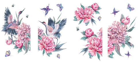 Image of Versailles Garden Transfer. Has Dancing Cranes, Pink Peonies with Green leaves around the flower, and Butterflies.