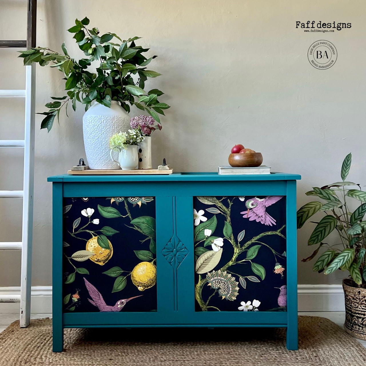 Blue painted dresser with the Vintage Botanical decoupage paper applied on the front of the cabinets.