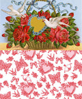 A decorative illustration features two white doves and red roses in a basket, with a heart-shaped mirror at the center. Below is a red and pink pattern of hearts, butterflies, and bows on a white background.