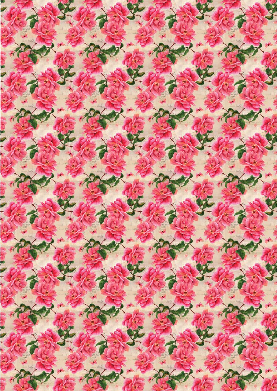 Image of Vintage Wallpaper Rice Decoupage Paper. Pink flowers with green leaves on a beige background with writing on the background.