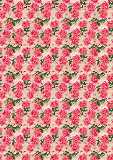 Image of Vintage Wallpaper Rice Decoupage Paper. Pink flowers with green leaves on a beige background with writing on the background.