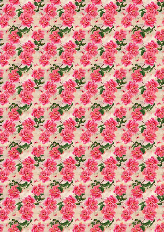 Image of Vintage Wallpaper Rice Decoupage Paper. Pink flowers with green leaves on a beige background with writing on the background.