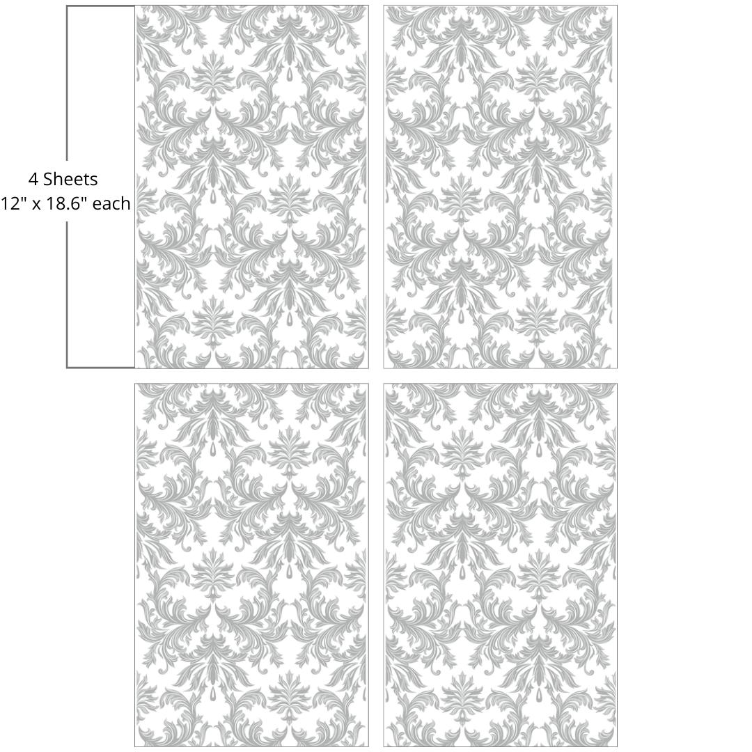 Image of Wedding Lace Transfer. Has soft gray feather-like  intricate swirls and pattern on 4 sheets. "4 Sheets - 12 in. x 18.6 in. each"