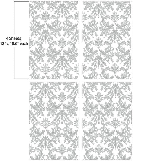 Image of Wedding Lace Transfer. Has soft gray feather-like  intricate swirls and pattern on 4 sheets. "4 Sheets - 12 in. x 18.6 in. each"