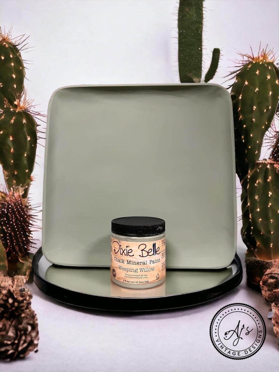 Wooden tray painted with Weeping Willow Chalk Mineral Paint. Staged with cacti surrounding the wooden tray and paint jar.