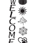 The word "WELCOME" is written vertically with a pumpkin, sun, fireworks, snowflake, and a heart with a paw print to the right of each letter.