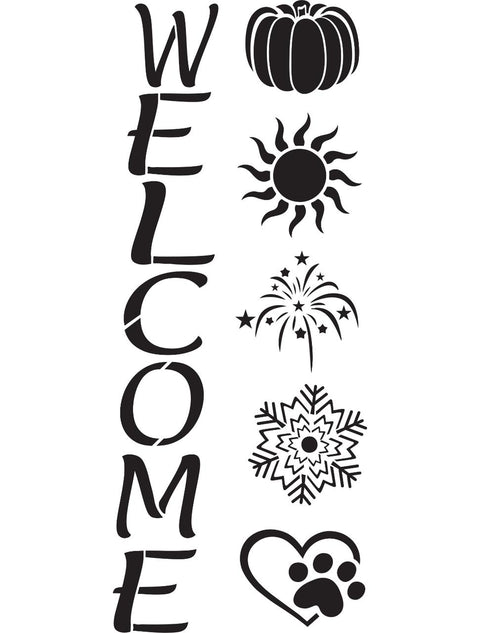The word "WELCOME" is written vertically with a pumpkin, sun, fireworks, snowflake, and a heart with a paw print to the right of each letter.