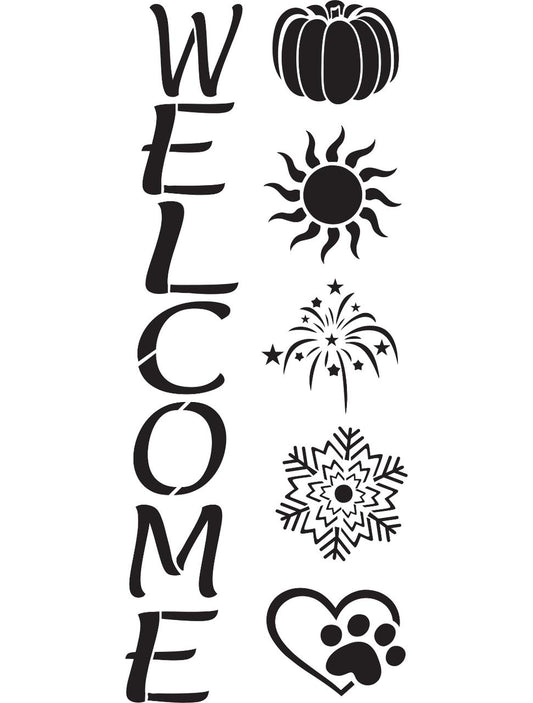 The word "WELCOME" is written vertically with a pumpkin, sun, fireworks, snowflake, and a heart with a paw print to the right of each letter.