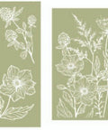 Image of the Wildflowers Silkscreen Stencil. One sheet is 6 different designs of wildflowers, such as dandelions and acorns, this sheet is in portrait orientation. The other sheet is of a cluster of wildflowers in landscape orientation.